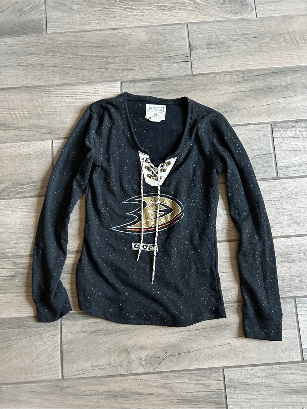 CCM Black Long Sleeve Lace-Up Hockey Top Anaheim ducks